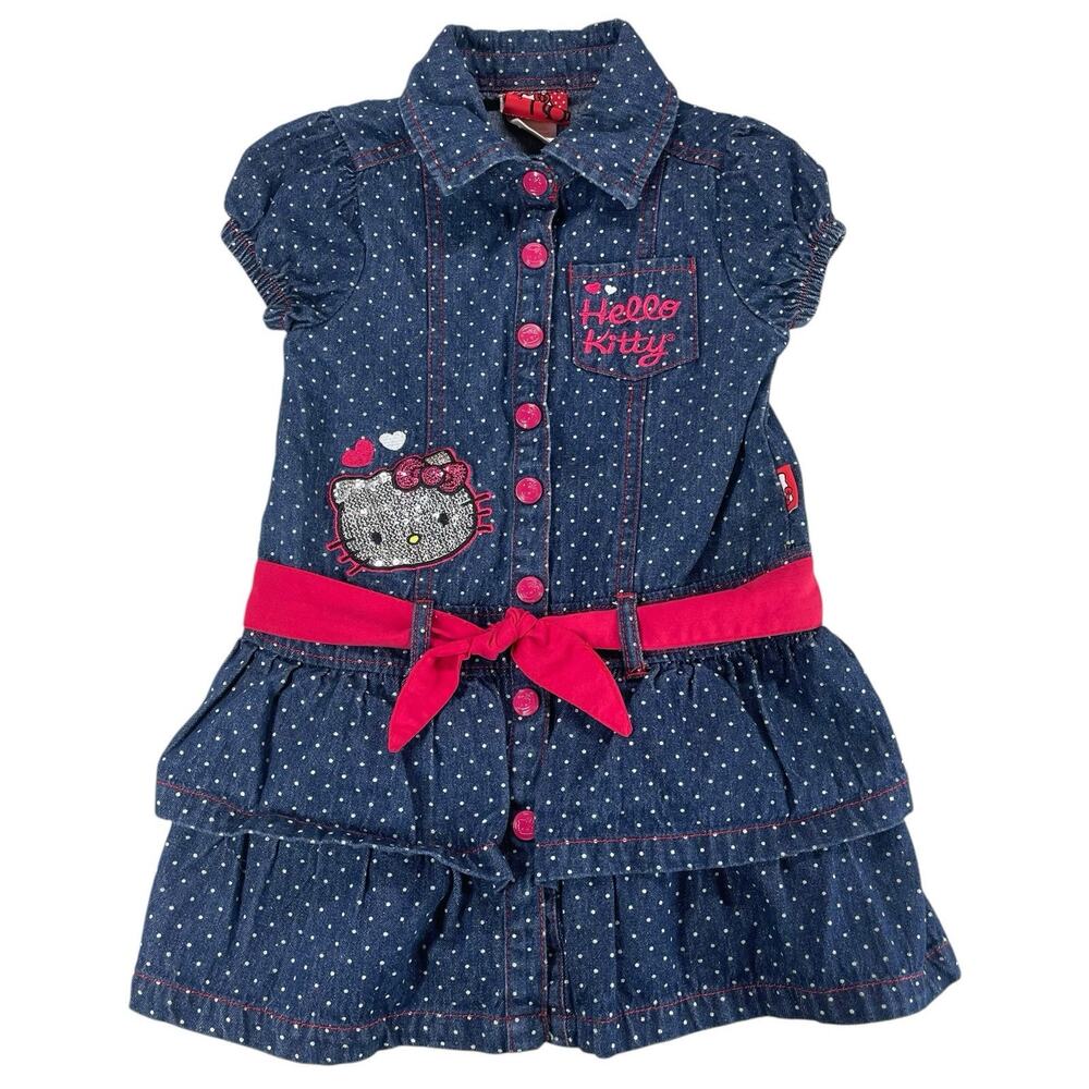 Hello Kitty Sanrio Girls Sz 5 Denim Dress Snap Front Belt Tiered Ruffle Y2K